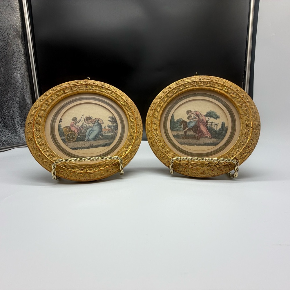Pair of Round Gold Gilt Framed Mini Prints